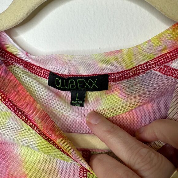 Club Exx Long Sleeve Mesh Crop and Matching Mini Skirt Tie Dye Pink Yellow Red L - Picture 4 of 13